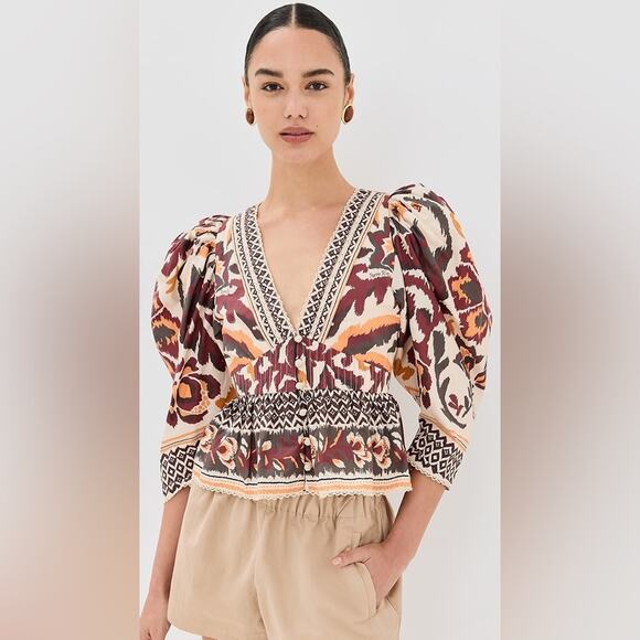 Farm Rio Toucans Scarf Cream Puffed Sleeve Blouse XL - Picture 3 of 8